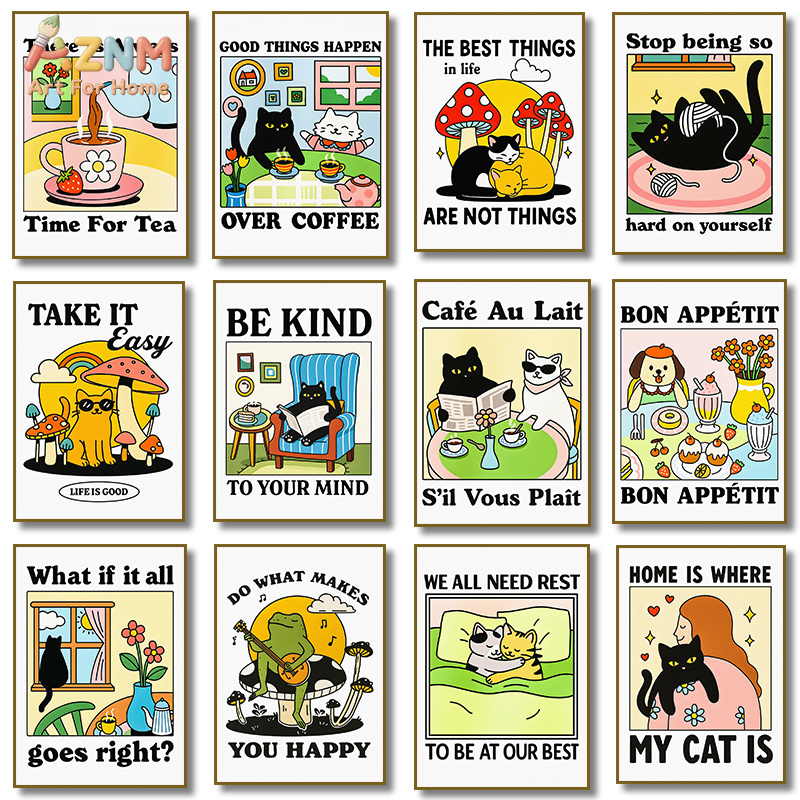 Coffee Tea Quotes - AZNM Cute Retro Cartoon Black Cat